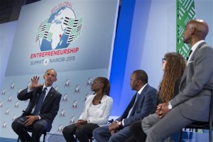 President Barack Obama, left, takes part in a panel discussion at the Global Entrepreneurship Summit at the United Nations Compound. Saturday, July 25, 2015, in Nairobi. Obama's visit to Kenya is focused on trade and economic issues, as well as security and counterterrorism cooperation.  (AP Photo/Evan Vucci)