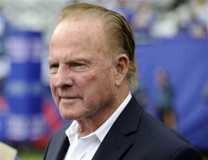 FILE - In this Sept. 15, 2013 file photo, former New York Giants player Frank Gifford looks on before an NFL football game between the New York Giants and the Denver Broncos in East Rutherford, N.J.  In a statement released by NBC News on Sunday, Aug. 9, 2015, his family said Gifford died suddenly at his Connecticut home of natural causes that morning. He was 84. (AP Photo/Bill Kostroun, File)