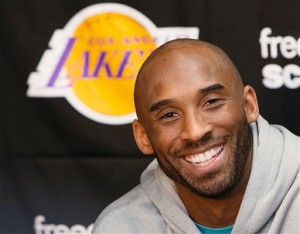 Los Angeles Lakers guard Kobe Bryan talks to reporters during a news conference in El Segundo, Calif., Tuesday, April 30, 2013. The Lakes lost their first-round NBA basketball playoff series to the San Antonio Spurs. (AP Photo/Damian Dovarganes)