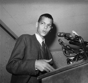 FILE - In a Jan. 20, 1966 file photo, Julian Bond, 26, of the Southern Poverty Law Center, who was refused his seat in the Georgia House of Representatives because of his stand against the Viet Nam War, speaks at a press conference, at the Drake Hotel in New York. Bond died Saturday, Aug. 15, 2015, in Fort Walton Beach, Fla., after a brief illness, the Southern Poverty Law Center said in a statement released Sunday morning. He was 75. (AP Photo/Anthony Camerano, File)