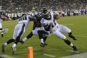 Philadelphia Eagles' Tim Tebow in action during the second half of a preseason NFL football game against the Baltimore Ravens, Saturday, Aug. 22, 2015, in Philadelphia. (AP Photo/Michael Perez)