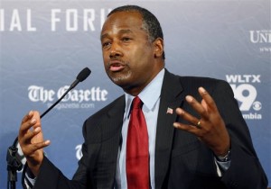 In this Monday, Aug. 3, 2015, file photo, Republican presidential candidate and retired neurosurgeon Ben Carson speaks during a forum, in Manchester, N.H. Responding to a question during an interview broadcast Sunday, Sept. 20, 2015, on NBC's "Meet the Press," Carson, a devout Christian, said Islam is antithetical to the Constitution and he doesnt believe that a Muslim should be elected president. (AP Photo/Jim Cole, File)