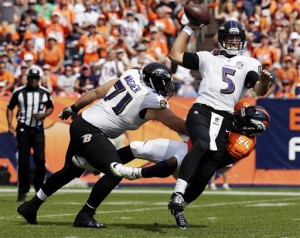 Baltimore Ravens quarterback Joe Flacco gets sacked by Denver Broncos linebacker DeMarcus Ware, right, as tackle Ricky Wagner, left, fails to make the block during the first half of an NFL football game Sunday, Sept. 13, 2015, in Denver. (AP Photo/Jack Dempsey)