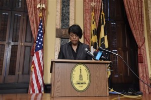 Baltimore Mayor Stephanie Rawlings-Blake announces that she will not seek re-election next year, during a news conference on Friday, Sept. 11, 2015 in Baltimore.   Rawlings-Blake said she believes she could have won re-election, pointing to her work on the citys budget and pension system. However, she said, not seeking re-election was the best decision for the city and for her family.  (Kenneth K. Lam/The Baltimore Sun via AP)  WASHINGTON EXAMINER OUT; MANDATORY CREDIT