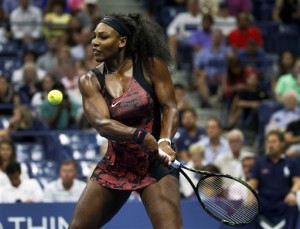 Serena Williams returns a shot to Bethanie Mattek-Sands during the third round of the U.S. Open tennis tournament, Friday, Sept. 4, 2015, in New York. (AP Photo/Julio Cortez)