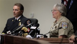 Nye County Sheriff Sharon Wehrly talks to the media about former NBA basketball player Lamar Odom during a new conference Wednesday, Oct. 14, 2015 in Pahrump, Nev.  Odom, who was was found unresponsive after four days at the brothel on Tuesday, was on life support Wednesday, his estranged wife Khloe Kardashian by his side.  (AP Photo/Chris Carlson)
