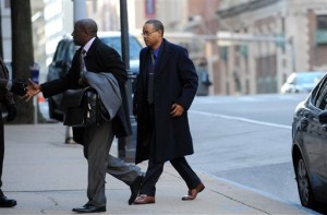 Caesar Goodson, right, arrives at Courthouse East on Wednesday, Jan. 6, 2016, in Baltimore. Circuit Judge Barry Williams is holding a motions hearing Wednesday ahead of the trial for Goodson, who drove the police transport van where Freddie Gray was critically injured. Prosecutors want William Porter, whose trial ended in a mistrial last month, to testify against Goodson and Sgt. Alicia White. (Kim Hairston/The Baltimore Sun via AP)  WASHINGTON EXAMINER OUT; MANDATORY CREDIT