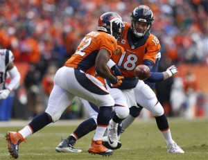 Denver Broncos quarterback Peyton Manning (18) hands off to running back C.J. Anderson during the first half of the NFL football AFC Championship game between the Denver Broncos and the New England Patriots, Sunday, Jan. 24, 2016, in Denver. (AP Photo/David Zalubowski)