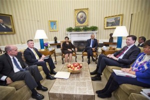 President Barack Obama meets with top law enforcement officials in the Oval Office of the White House in Washington, Monday, Jan. 4, 2016, to discuss executive actions the president can take to curb gun violence. The president is slated to finalize a set of new executive actions tightening U.S. gun laws, kicking off his last year in office with a clear signal that he intends to prioritize one of the country's most intractable issues. From left are:, Counsel to the President Neil Eggleston, acting ATF Director Thomas Brandon, Attorney General Loretta Lynch, FBI Director James Comey, and White House Senior Adviser Valerie Jarrett. (AP Photo/Pablo Martinez Monsivais)