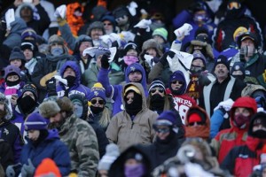 Fans, bundled up against the cold weather, watch the action between the Seattle Seahawks and Minnesota Vikings during the first half of an NFL wild-card football game, Sunday, Jan. 10, 2016, in Minneapolis. (AP Photo/Kiichiro Sato)