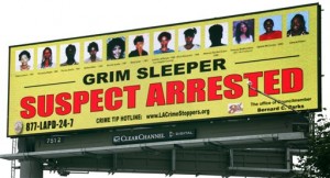 In this July 9, 2010, file photo, a billboard showing that the suspect known as the Grim Sleeper had been arrested stands near a freeway in Compton, Calif. More than 30 years since the bodies of young women started turning up in alleyways and garbage bins in south Los Angeles, attorneys are set to give opening statements Tuesday, Feb. 16, 2016, in the long-awaited Grim Sleeper trial. Lonnie David Franklin Jr. has pleaded not guilty to killing nine women and a 15-year-old girl from 1985 to 2007 in one of the citys most notorious serial killer cases. (AP Photo/Nick Ut, File)