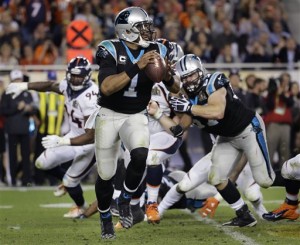 Carolina Panthers Cam Newton (1) runs out of the pocket against the Carolina Panthers during the second half of the NFL Super Bowl 50 football game Sunday, Feb. 7, 2016, in Santa Clara, Calif. (AP Photo/Julio Cortez)