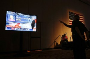 Supporters watch as caucus results are displayed at Democratic presidential candidate Hillary Clinton's rally on the day of the Nevada Democratic caucus, Saturday, Feb. 20, 2016, in Las Vegas. (AP Photo/John Locher)