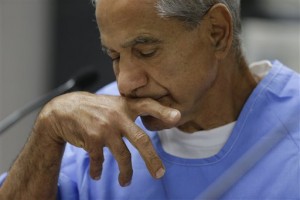 Sirhan Sirhan reacts during a parole hearing Wednesday, Feb. 10, 2016, at the Richard J. Donovan Correctional Facility in San Diego. For the 15th time, officials denied parole for Sirhan Sirhan, the assassin of Sen. Robert F. Kennedy, after hearing Wednesday from another person who was shot that night and called for the release of Sirhan. (AP Photo/Gregory Bull, Pool)