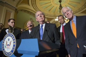 Senate Majority Leader Mitch McConnell of Ky., center, joined by, from second for left are, Sen. Roger Wicker, R-Miss.,  Sen. John Thune, R-S.D., and Senate Majority Whip John Cornyn of Texas, speaks with reporters on Capitol Hill in Washington, Tuesday, Feb. 23, 2016,  following a closed-door policy meeting. Senate Republicans, most vocally McConnell, are facing a high-stakes political showdown with President Barack Obama sparked by the recent death of Supreme Court Justice Antonin Scalia. Republicans controlling the Senate  which must confirm any Obama appointee before the individual is seated on the court  say that the decision is too important to be determined by a lame-duck president. (AP Photo/J. Scott Applewhite)