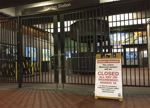 A sign at the Rosslyn, Va., Metro station notifies riders that the system is closed for emergency inspection Wednesday, March 16, 2016. An unprecedented safety shutdown of the Metro subway system inconvenienced hundreds of thousands of people in and around the nation's capital on Wednesday. Federal workers telecommuted or took the day off, children missed school and countless others woke up early to take bus after bus, hail pricey taxis or slog through traffic. (AP Photo/Jessica Gresko)