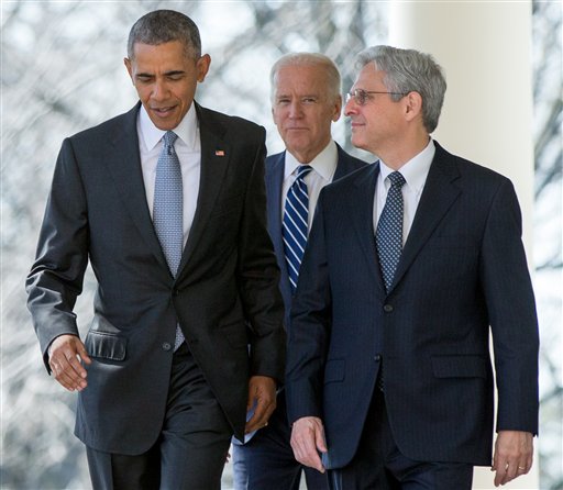 Federal appeals court judge Merrick Garland arrives with President Barack Obama and Vice President Joe Biden as he is introduced as Obamas nominee for the Supreme Court during an announcement in the Rose Garden of the White House, in Washington, Wednesday, March 16, 2016. (AP Photo/Andrew Harnik)