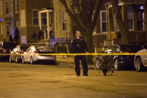 A member of the Chicago Police Department stands with his dog at the scene where three Chicago police officers were shot and suffered non-life-threatening injuries and a suspect was shot to death in the 3700 block of West Polk Street in the Homan Square neighborhood Monday, March 14, 2016, in Chicago. The officers were being treated at Stroger Hospital. (Erin Hooley/Chicago Tribune via AP) MANDATORY CREDIT, CHICAGO SUN-TIMES OUT, DAILY HERALD OUT, NORTHWEST HERALD OUT, DAILY CHRONICLE OUT, THE HERALD-NEWS OUT, THE TIMES OF NORTHWEST INDIANA OUT, TV OUT, MAGS OUT, NO SALES