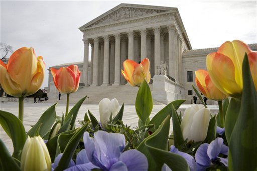 The Supreme Court is seen in Washington, Monday, April 4, 2016, after justices ruled in a case involving the constitutional principle of one person, one vote and unanimously upheld a Texas law that counts everyone, not just eligible voters, in deciding how to draw legislative districts.  (AP Photo/J. Scott Applewhite)