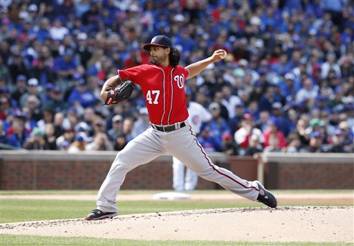 Washington Nationals starter Gio Gonzalez throws against the Chicago Cubs during the first inning of a baseball game Saturday, May 7, 2016, in Chicago. (AP Photo/Nam Y. Huh)