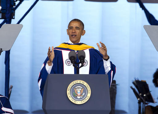 President Barack Obama delivers Howard University's commencement speech during the 2016 Howard University graduation ceremony in Washington, Saturday, May 7, 2016.  Obama says the country is "a better place today" than when he graduated from college more than 30 years ago, citing his historic election as "one indicator of how attitudes have changed."  ( AP Photo/Jose Luis Magana)