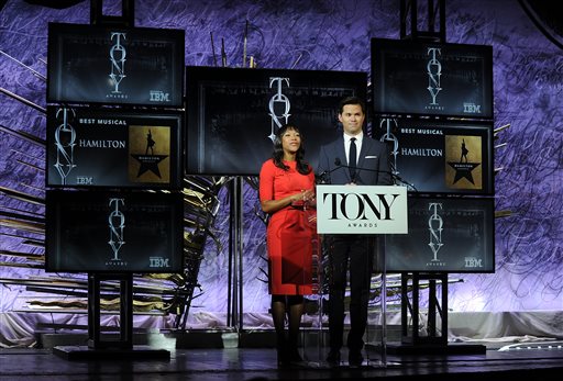 Actors Nikki M. James, left, and Andrew Rannells announce the Tony Nominations at the 70th Annual Tony Award nominations announcement ceremony at the Paramount Hotel on Tuesday, May 3, 2016, in New York. (Photo by Brad Barket/Invision/AP)