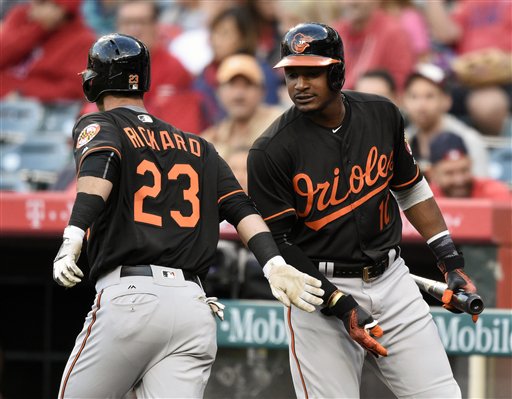 Baltimore Orioles' Joey Rickard, left, celebrates with Adam Jones, right, after he hits a solo home run during the first inning of a baseball game against the Los Angeles Angels in Anaheim, Calif., Friday, May 20, 2016. (AP Photo/Kelvin Kuo)
